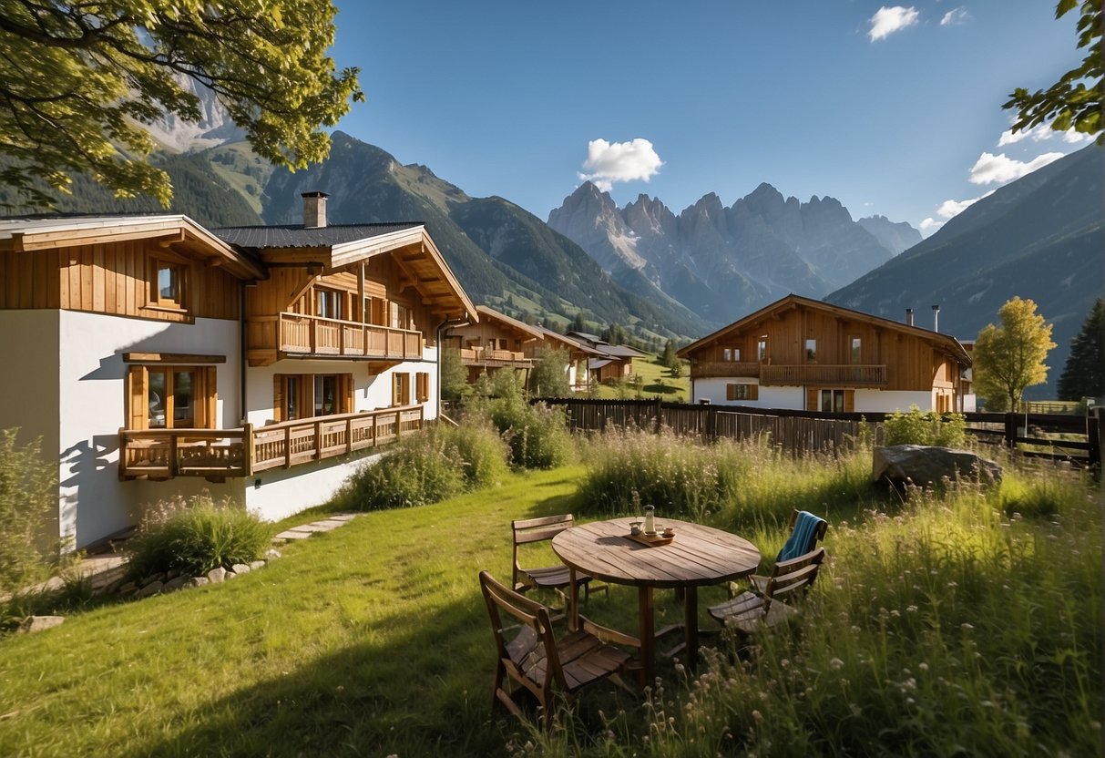 A sustainable accommodation in the sunny holiday region of Sonnenplateau Mieming & Tirol. Illustrate eco-friendly lodgings amidst scenic mountains and lush greenery