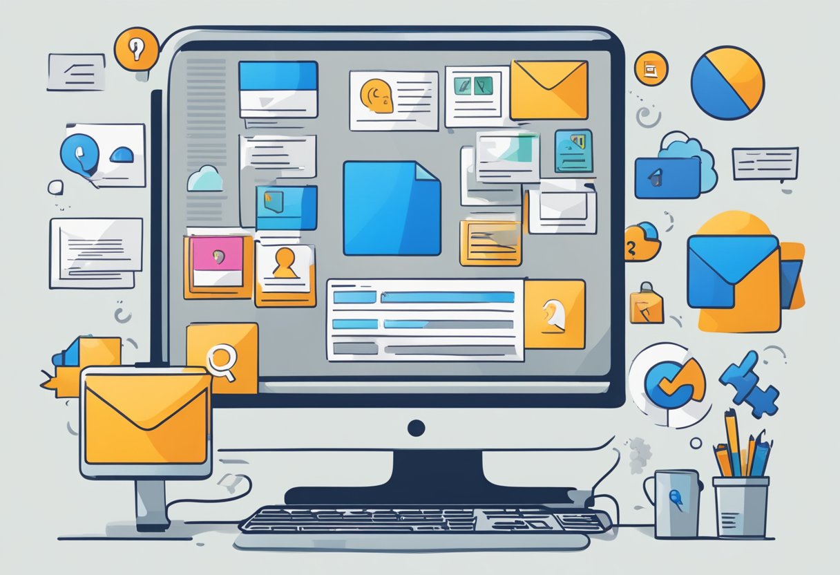 A computer screen with a puzzled expression, surrounded by various icons and settings related to Outlook email profiles