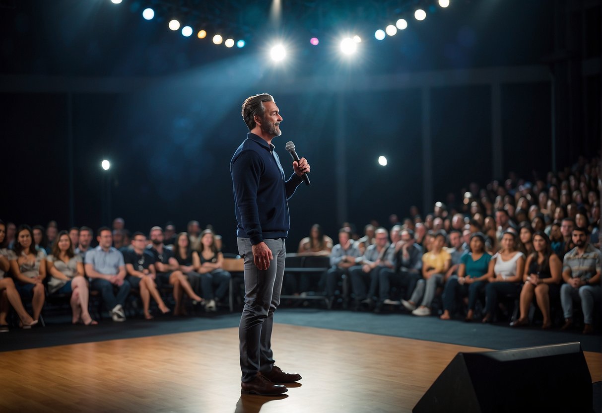 A sports speaker stands confidently on a stage, gesturing with passion and conviction. The audience listens intently, captivated by the speaker's articulate and engaging delivery