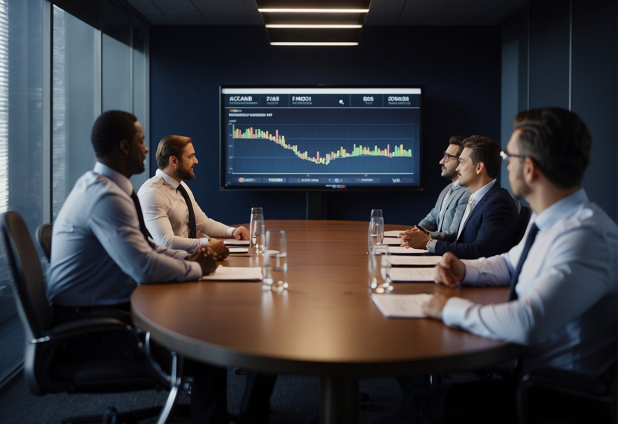 A group of professionals sit in a conference room, listening intently as a sports speaker presents. A screen displays a rating scale for their speaking style and presentation skills