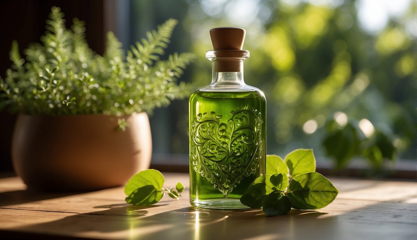A bottle of Strauss Heart Drops sits on a wooden table, surrounded by vibrant green herbs and a heart-shaped container. Sunlight streams in from a nearby window, casting a warm glow over the scene