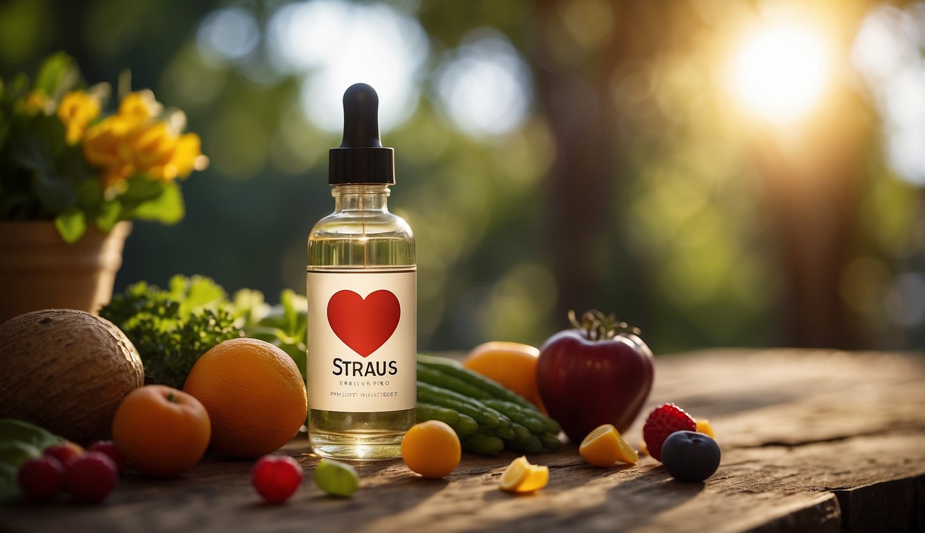 A bottle of Strauss Heart Drops surrounded by fresh fruits and vegetables, with a glowing heart in the background