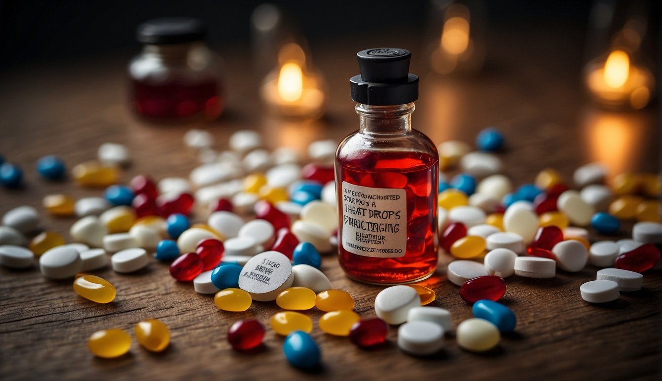 A bottle of Strauss Heart Drops surrounded by scattered pills and a warning label