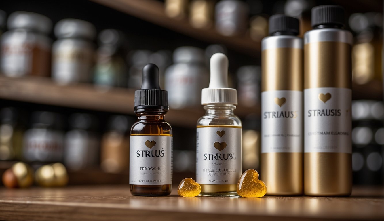 A bottle of Strauss Heart Drops sits on a shelf, surrounded by other health supplements. The label prominently displays the product name and a heart symbol