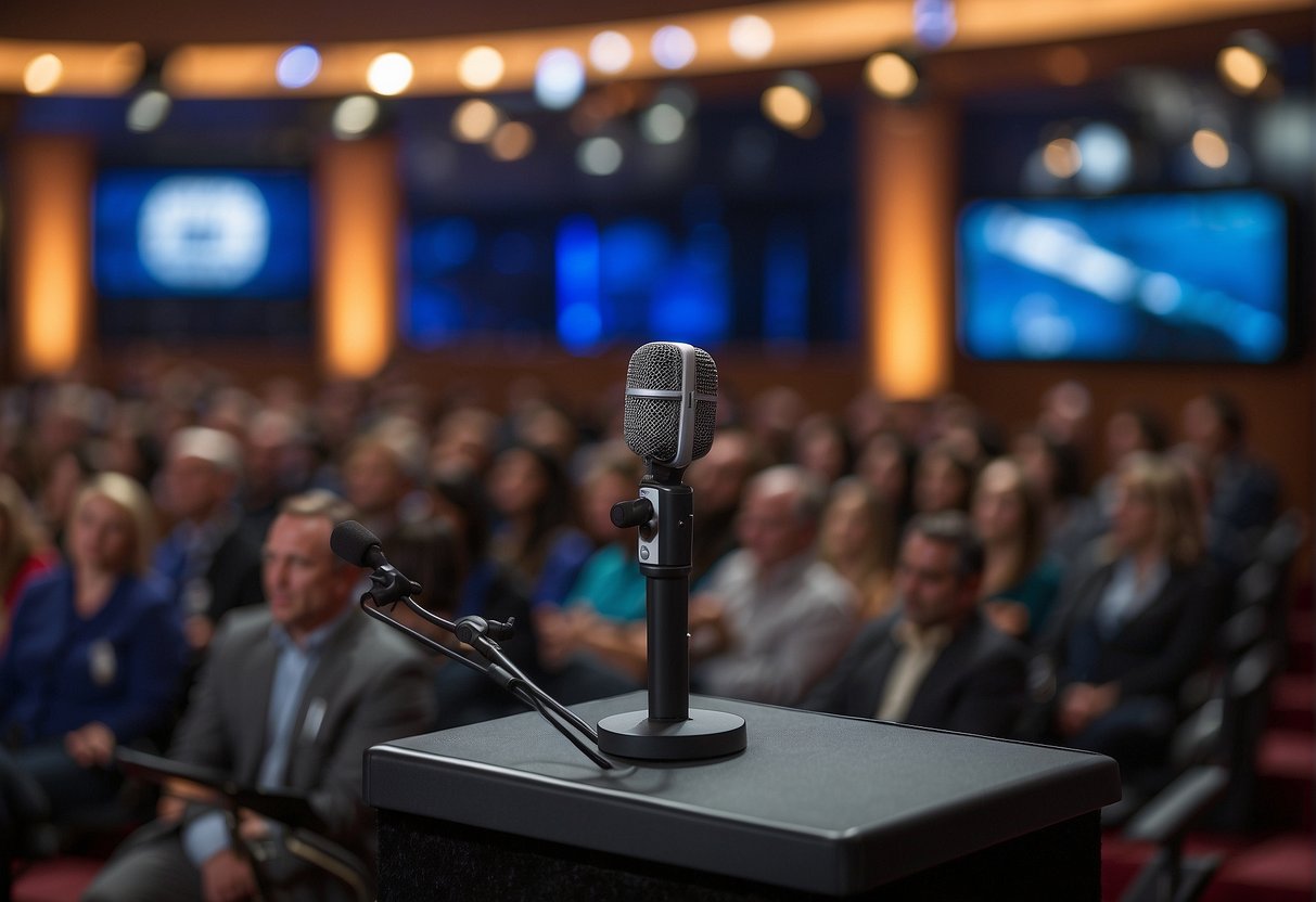 A podium with sports equipment and microphones, surrounded by a diverse audience. Each speaker's logo displayed prominently