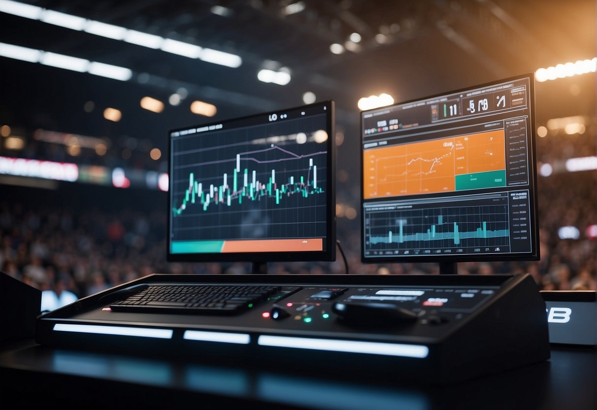 Professional sports speakers stand on stage, discussing their unique selling points. Charts and graphs display market analysis data in the background