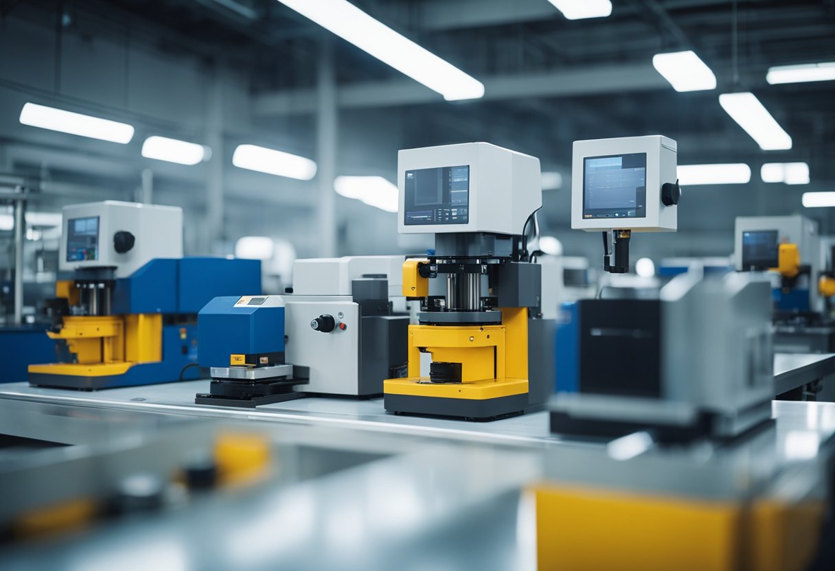 Machines at work in a clean, well-lit facility, producing high-quality plastic parts. Quality control checks are being performed on the finished products