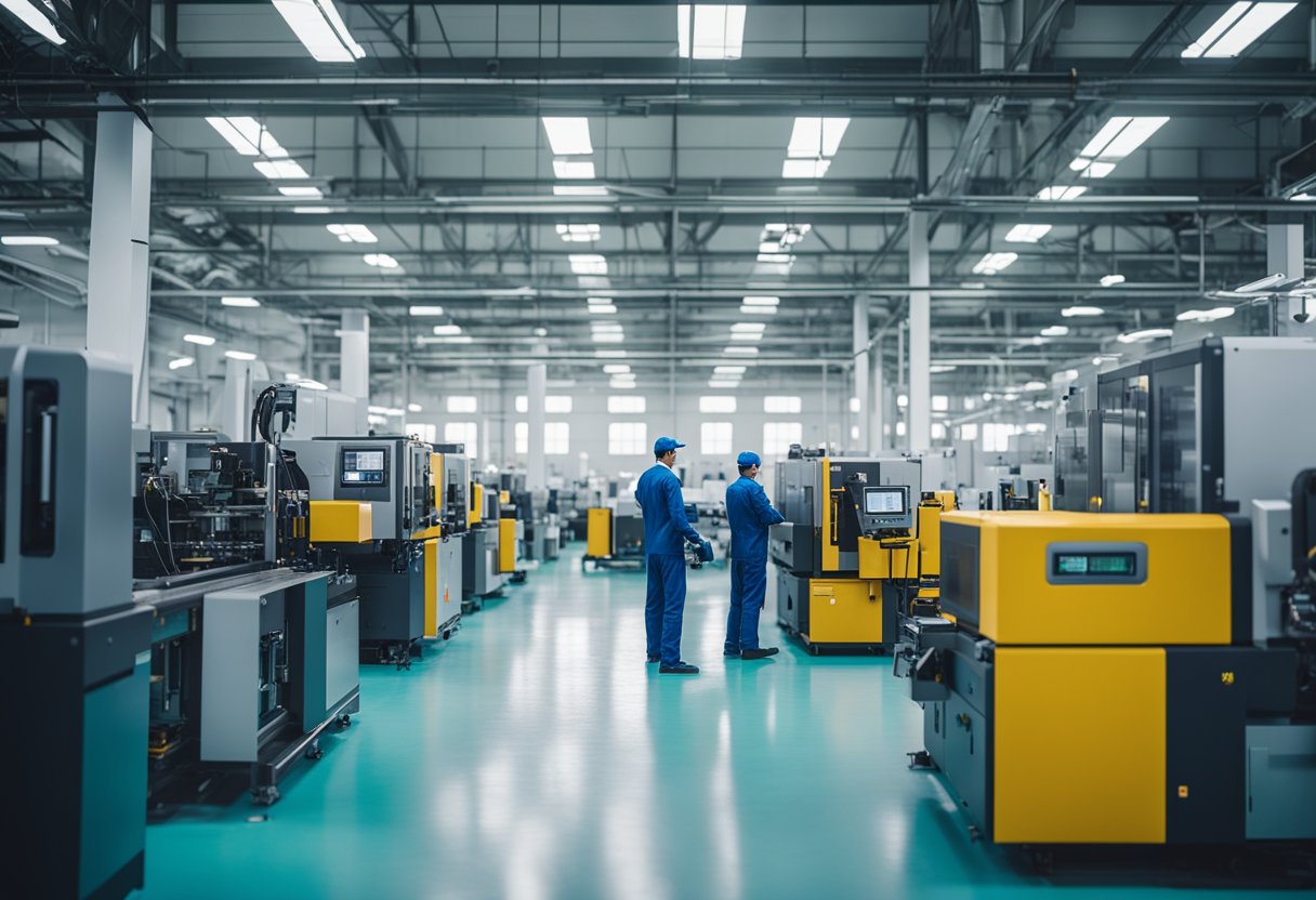 High-tech injection molding machines line a spacious, well-lit factory floor, with workers in bright uniforms overseeing the production process