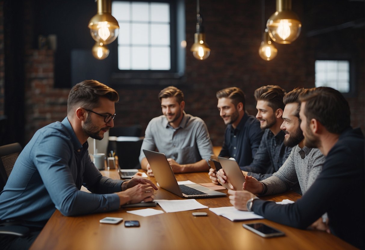 A group of people reviewing past events and feedback to select a sports speaker. They are engaged in discussion and have papers and laptops on the table