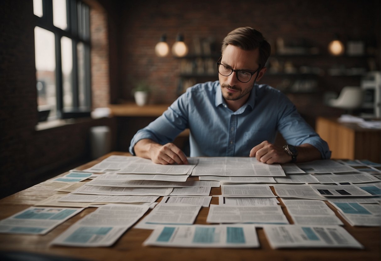 A table covered in printed testimonials and engagement records, with a person analyzing them with a thoughtful expression