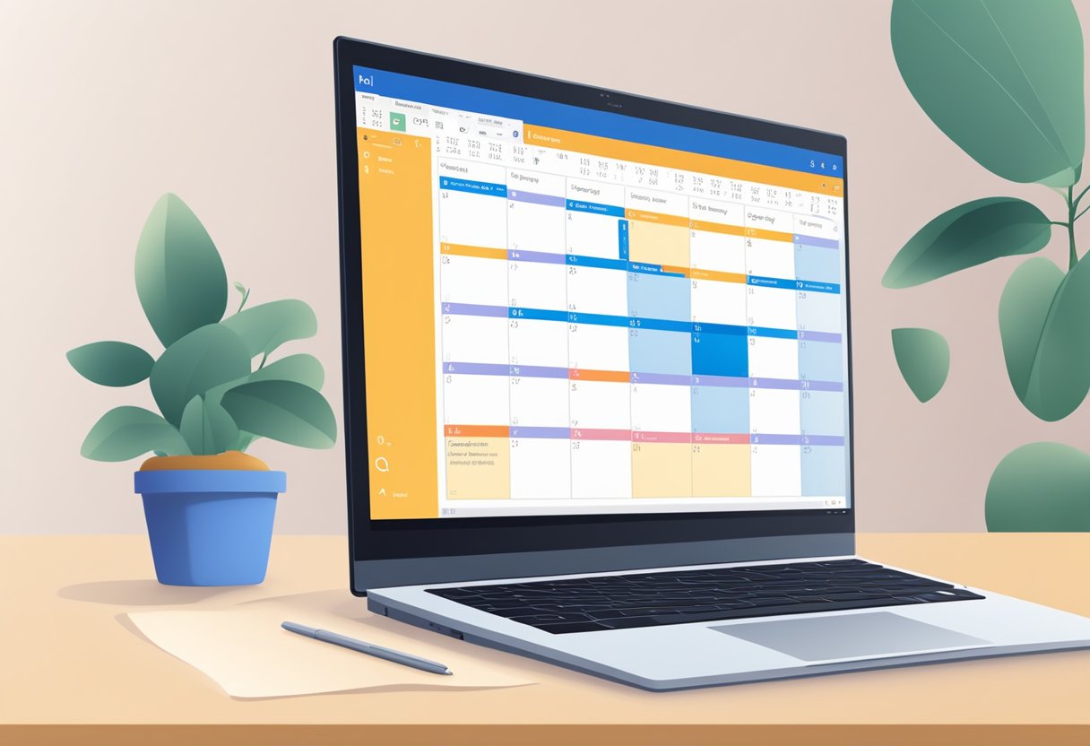 An open laptop displaying the Microsoft Outlook Calendar. A meeting event is highlighted, with an option to recover a cancelled meeting