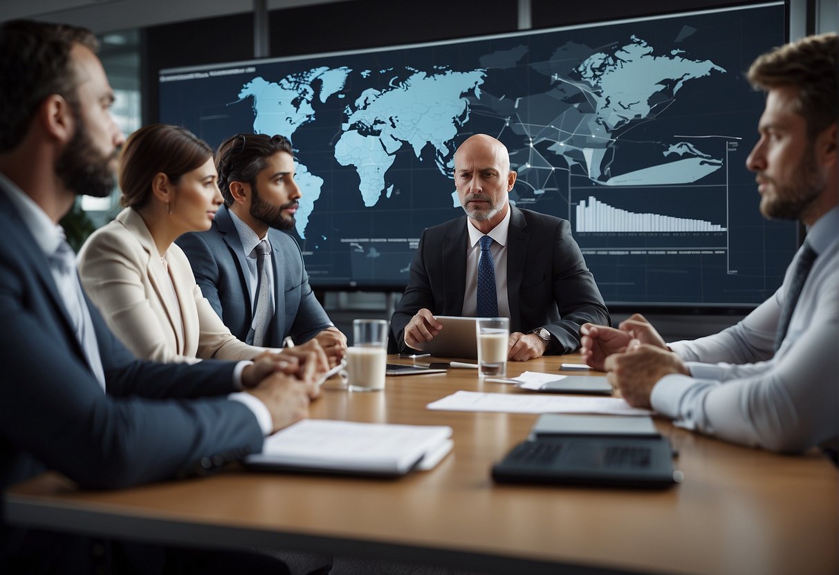 A group of professionals gather in a conference room, discussing strategies to connect with high-quality sports speakers through agents and agencies. Charts and graphs are displayed on the wall, showcasing potential partnerships and opportunities