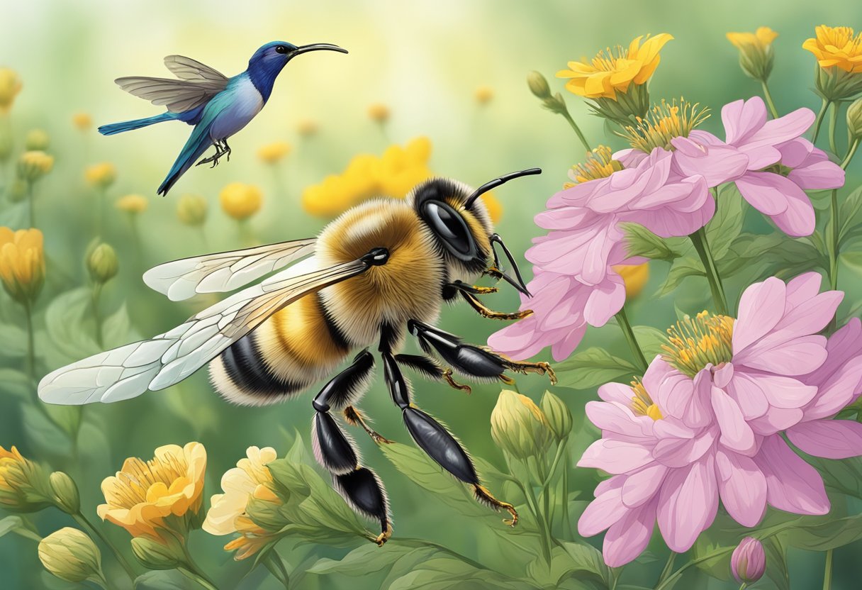 A bee pollinating a flower, with a bird building a nest in the background