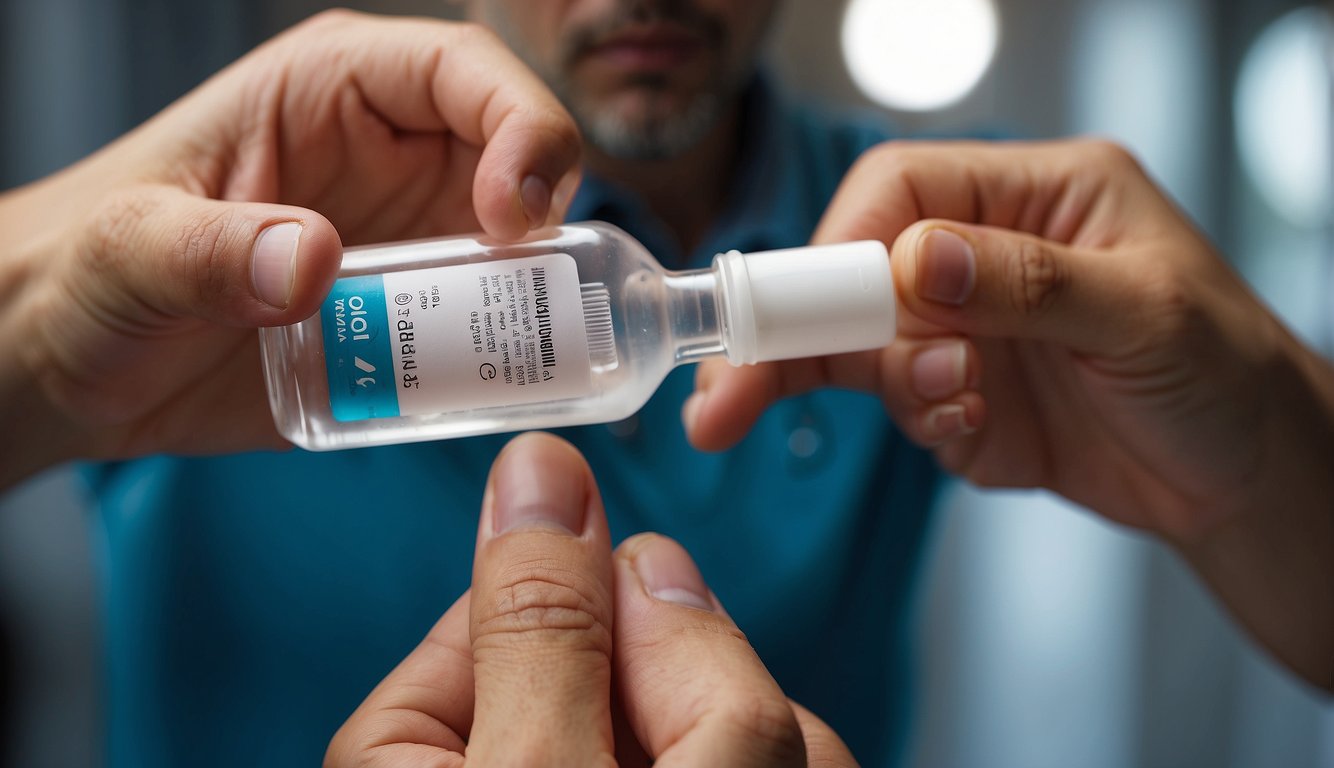 A hand holding a bottle of Otodex ear drops, with a dropper inserted into an ear. The dosage instructions are visible on the label