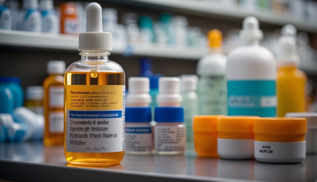 A bottle of Otodex ear drops sits on a pharmacy shelf, surrounded by other medicines. The label lists warnings about potential interactions with other medications