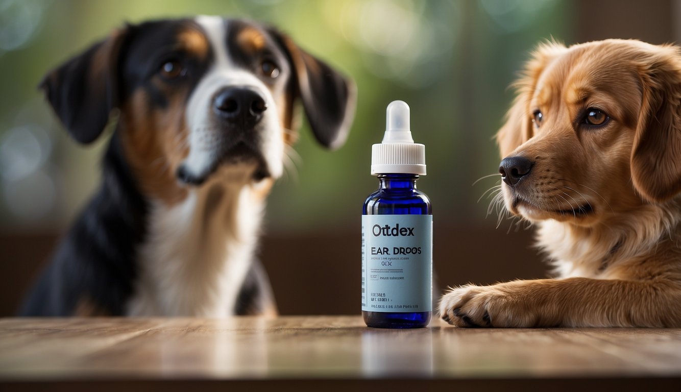 A hand holding a bottle of Otodex ear drops, with a dog sitting calmly nearby. The bottle is labeled with the product name and has a dropper cap