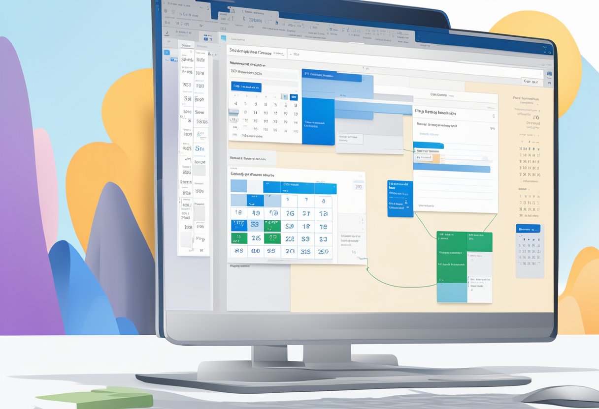 A computer screen displaying the Microsoft Outlook application with a calendar open. A pop-up window shows the process of setting up a reminder with options to select date, time, and recurrence
