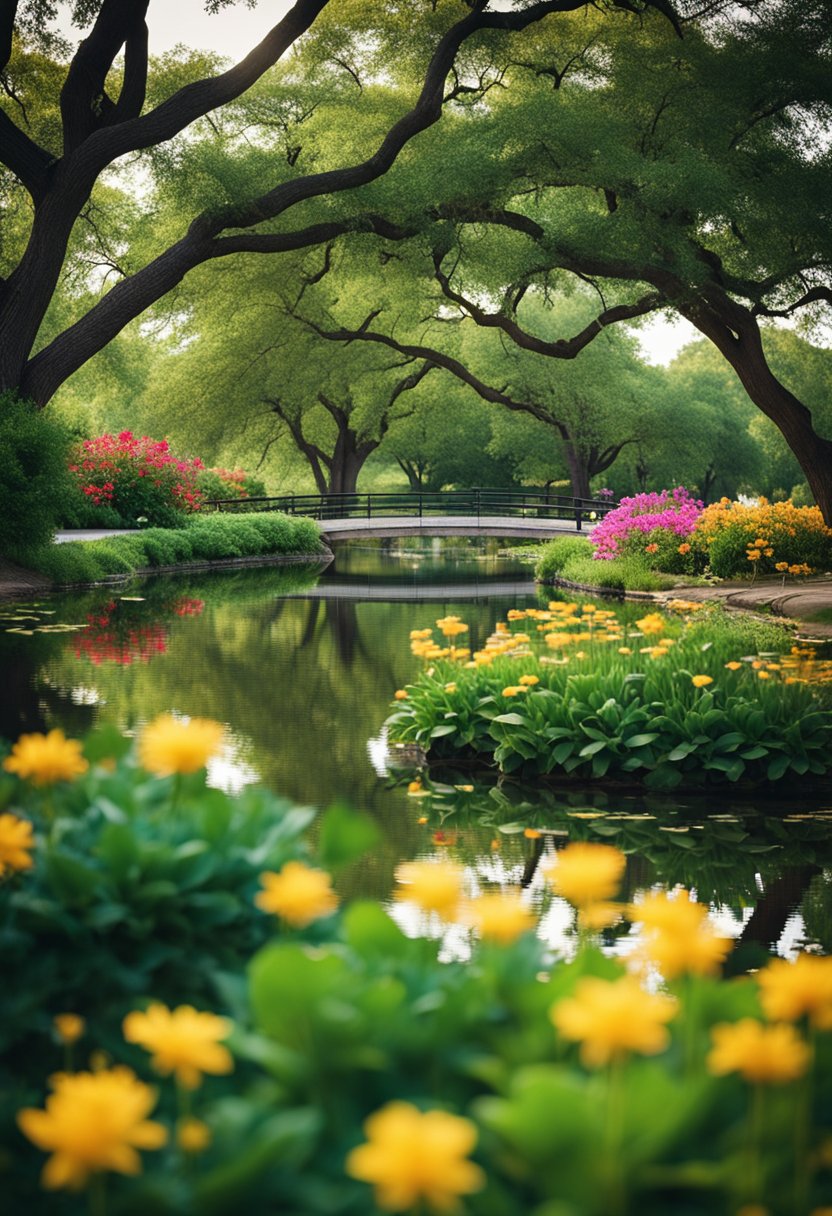 Lush green trees and colorful flowers surround a tranquil pond in Cameron Park, Waco. A winding path leads through the peaceful park