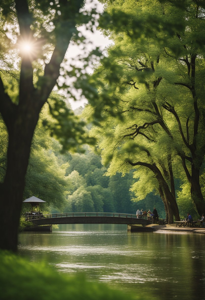 A serene river flows through lush green park with towering trees and picnic areas
