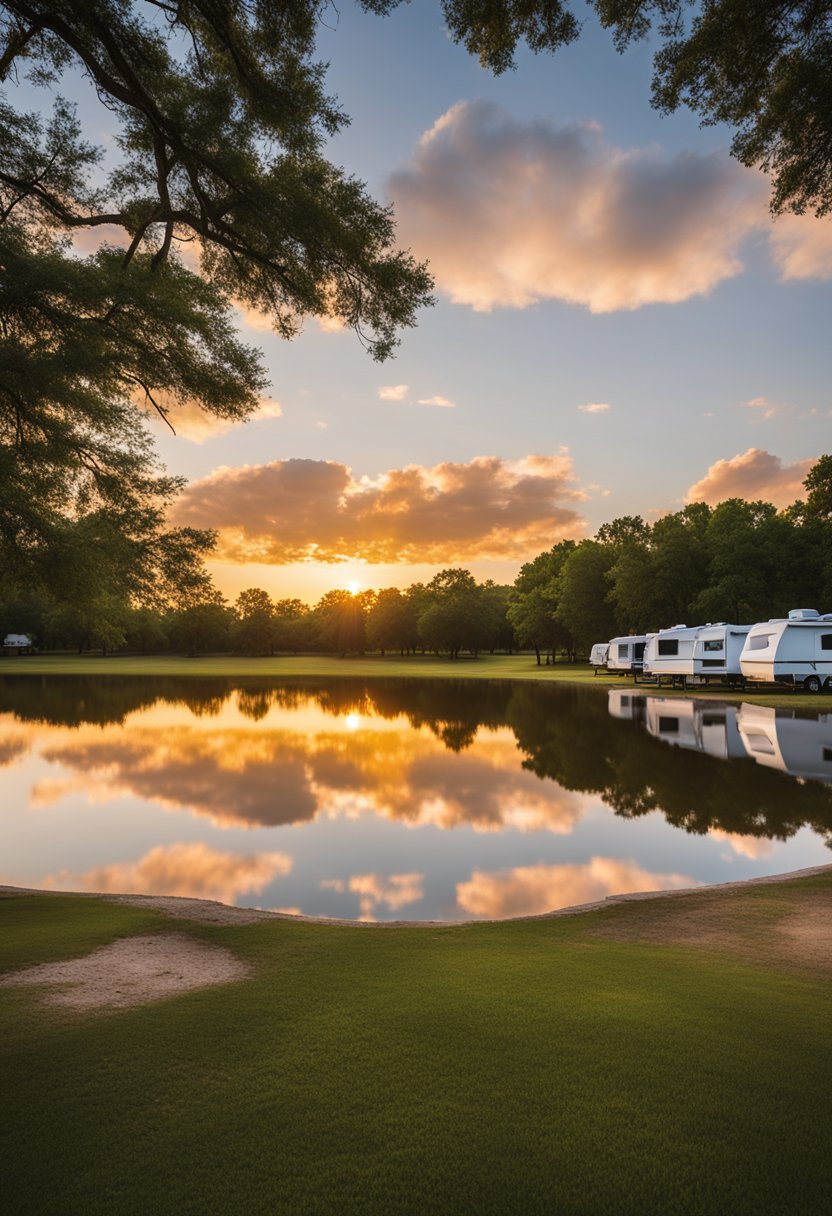 Sunset over a row of RVs at Midway Park Campground in Waco, with a serene lake and lush green trees in the background