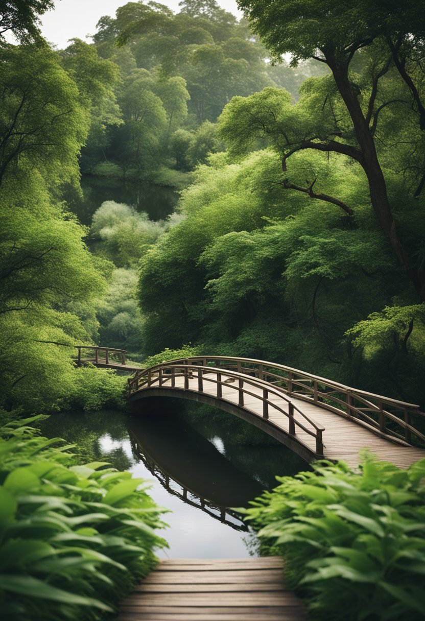 Lush greenery surrounds a winding river, with a wooden bridge crossing over. Trees and wildlife dot the landscape, creating a serene and picturesque park setting