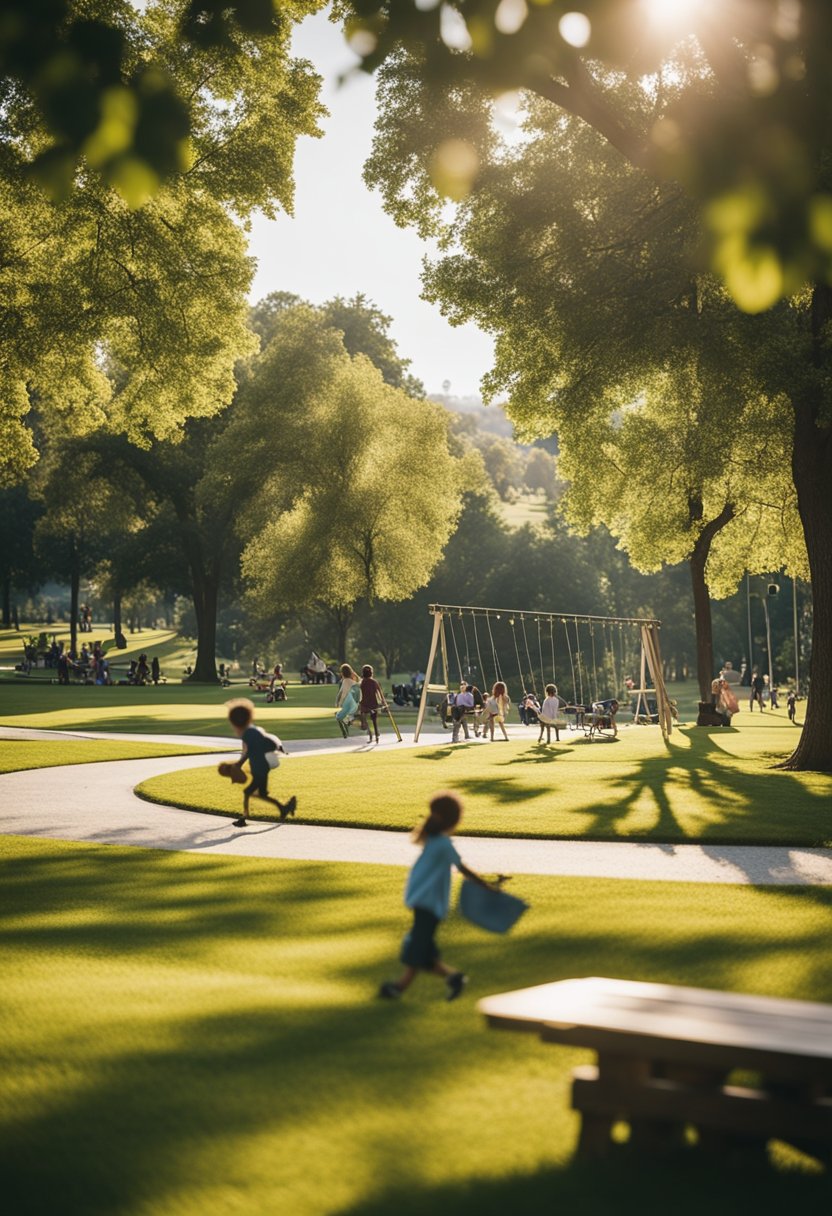 A vibrant neighborhood park filled with children playing on swings, families picnicking on the grass, and people walking their dogs along the winding pathways