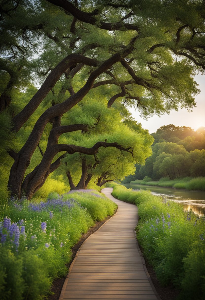 Lush green trees and vibrant wildflowers line the winding paths of Brazos Park West, with the tranquil river flowing alongside, creating a serene and picturesque landscape