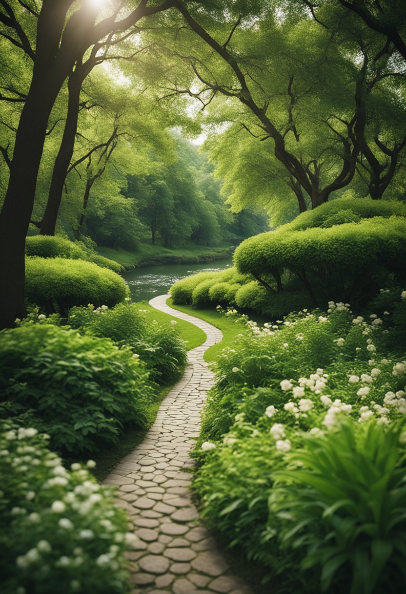 Lush green park with winding paths, blooming flowers, and a tranquil river flowing through the center. Tall trees provide shade and a sense of serenity