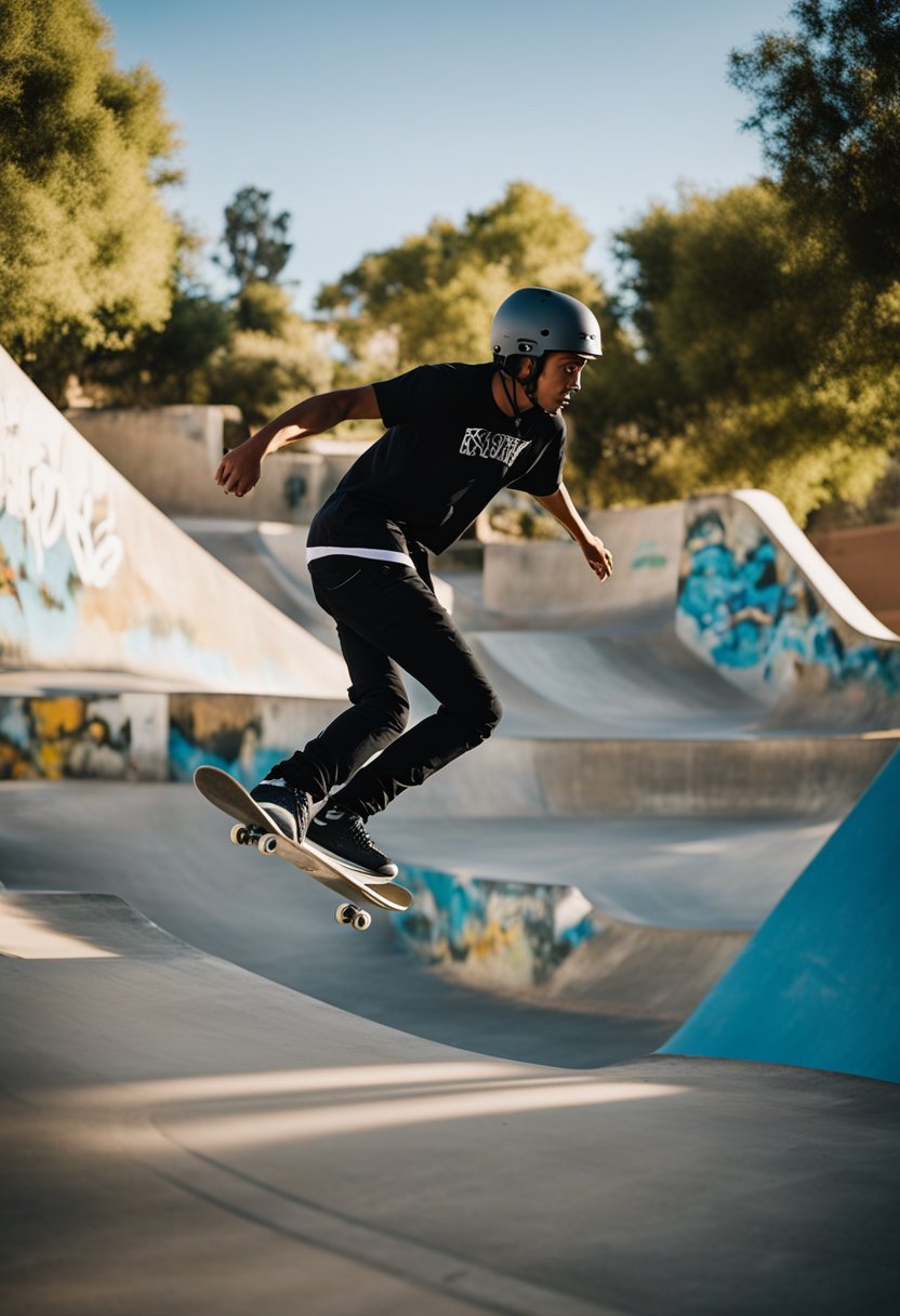 A group of skaters glide and perform tricks in Sul Ross Skate Park, surrounded by graffiti-covered ramps and rails
