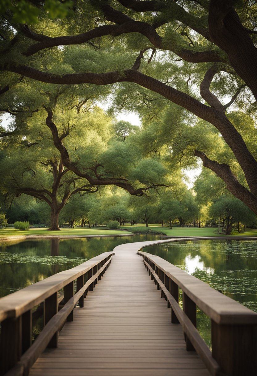 A serene park with lush greenery, winding pathways, and a tranquil pond at Doris Miller Park in Waco
