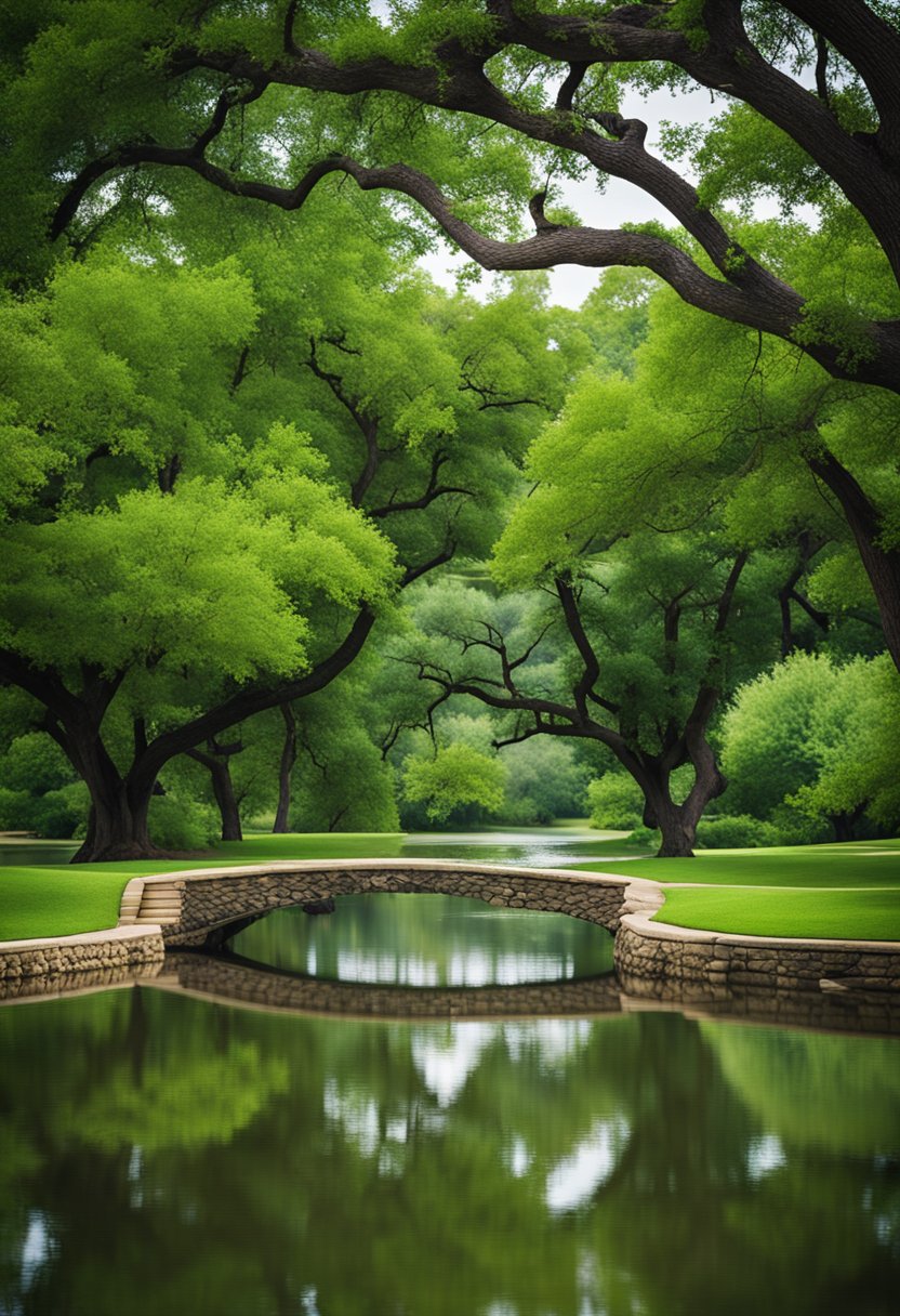 Kendrick Park in Waco features lush greenery, winding pathways, and a tranquil pond