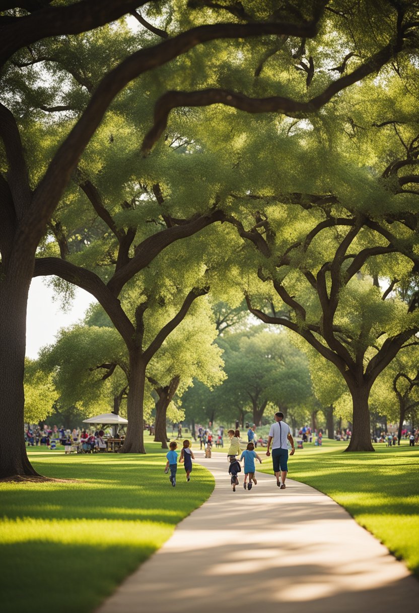 Families picnic under trees, children play on swings, and visitors stroll along winding paths in Waco's picturesque parks