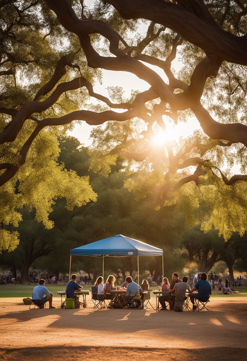 Families picnic under shady trees in Cameron Park. Children play on the playground while others hike along the Brazos River. The sun sets behind the Waco Mammoth National Monument