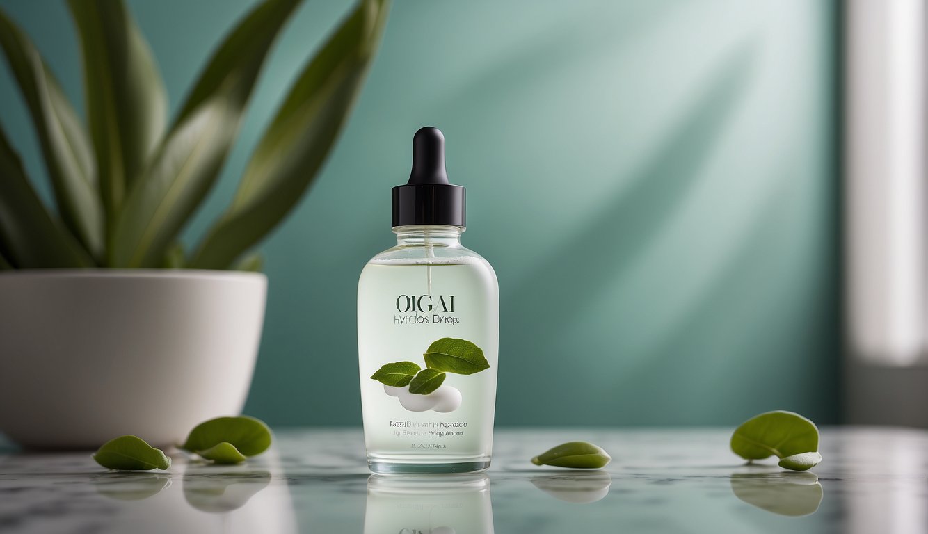 A sleek, modern bottle of Obagi Hydro Drops sits on a marble countertop, surrounded by fresh green botanicals and soft natural lighting