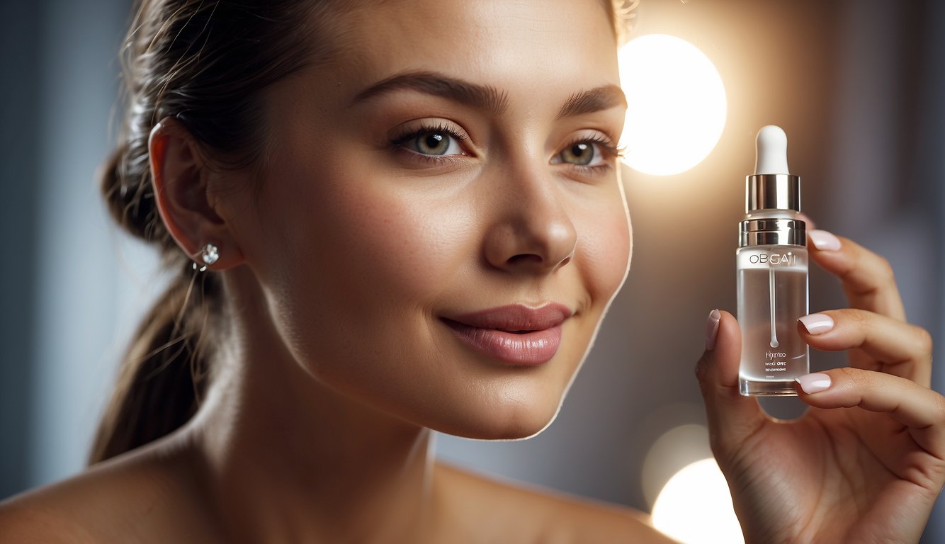 A woman holds a bottle of Obagi Hydro Drops, her face glowing with satisfaction as she applies the serum to her skin. The luxurious packaging and the droplets of serum glistening on her fingertips convey a sense of indulgence and efficacy