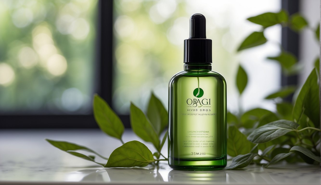 A bottle of Obagi hydro drops sits on a clean, white countertop, surrounded by fresh green leaves and a soft, natural light streaming in from a nearby window