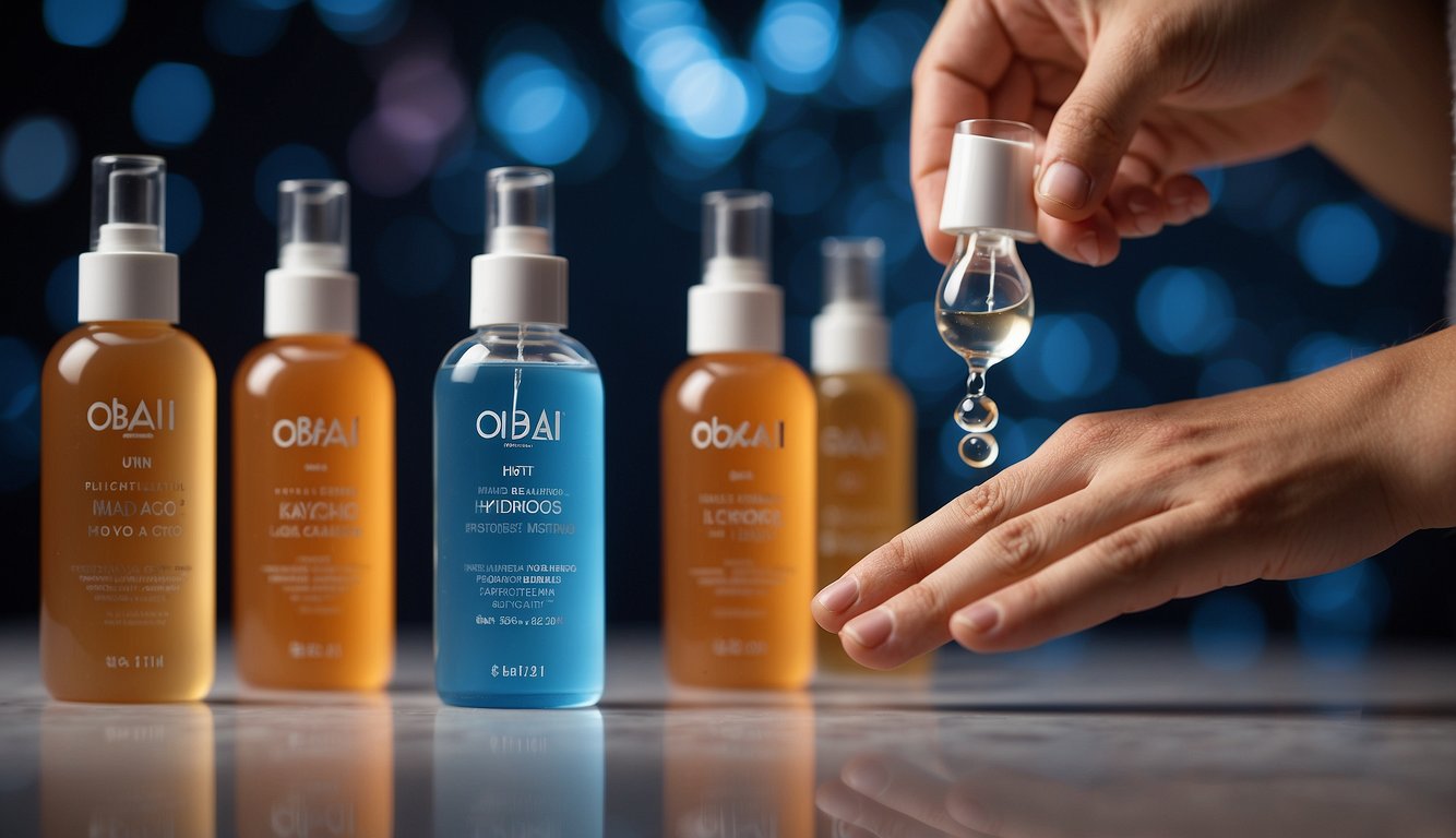 A hand reaching for a bottle of Obagi Hydro Drops, surrounded by various purchasing options like online shopping, retail store, and a mobile app