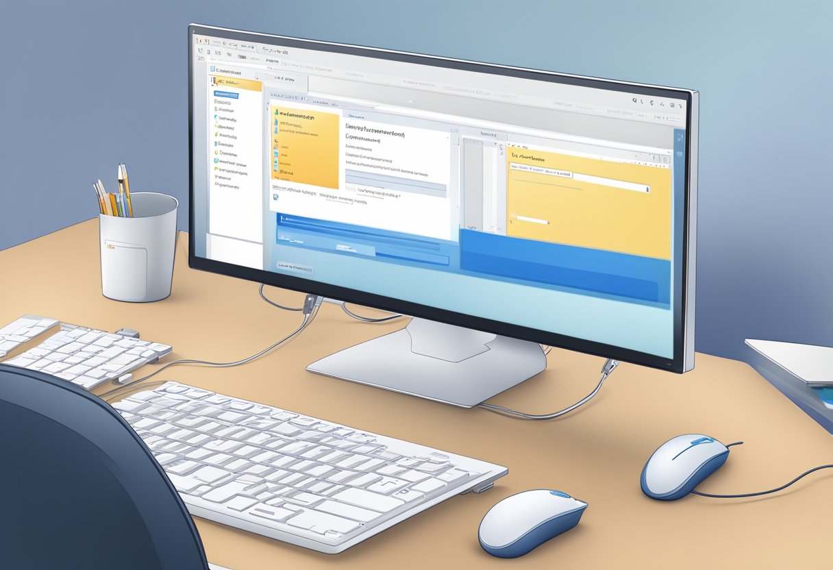 A computer screen with the Outlook application open, displaying the file path linking process. A mouse hovers over the "link" button