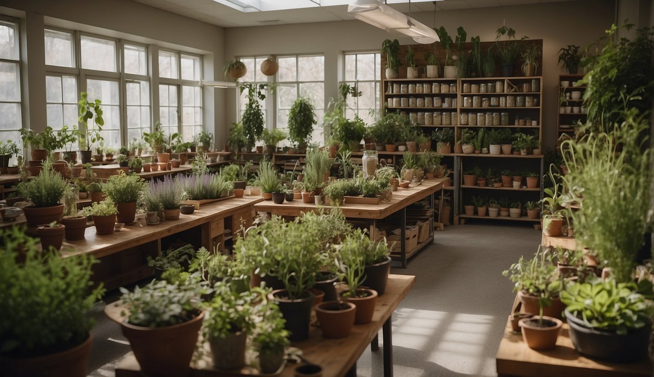 The Herbal Academy offers a variety of courses on herbalism and natural remedies. The scene could include a classroom setting with various herbs and plants on display, along with students engaged in learning activities