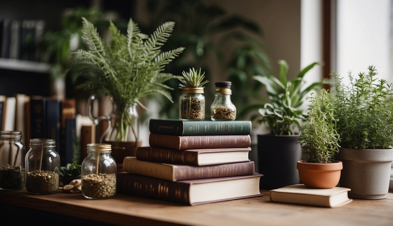 A stack of herbal academy textbooks and online resources on a desk, surrounded by potted plants and jars of dried herbs