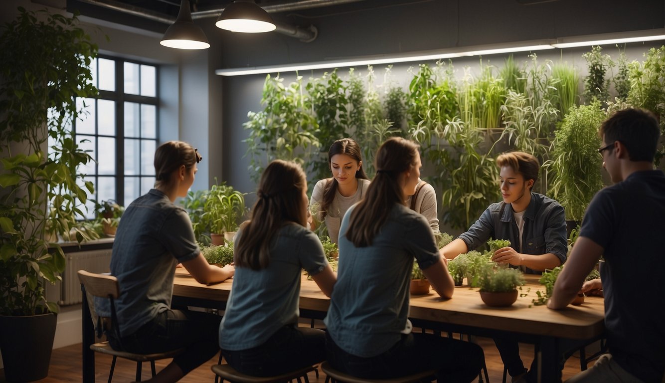Students gather around a table, mixing herbs and creating herbal remedies. Charts and diagrams cover the walls, showcasing the practical applications of their hands-on learning