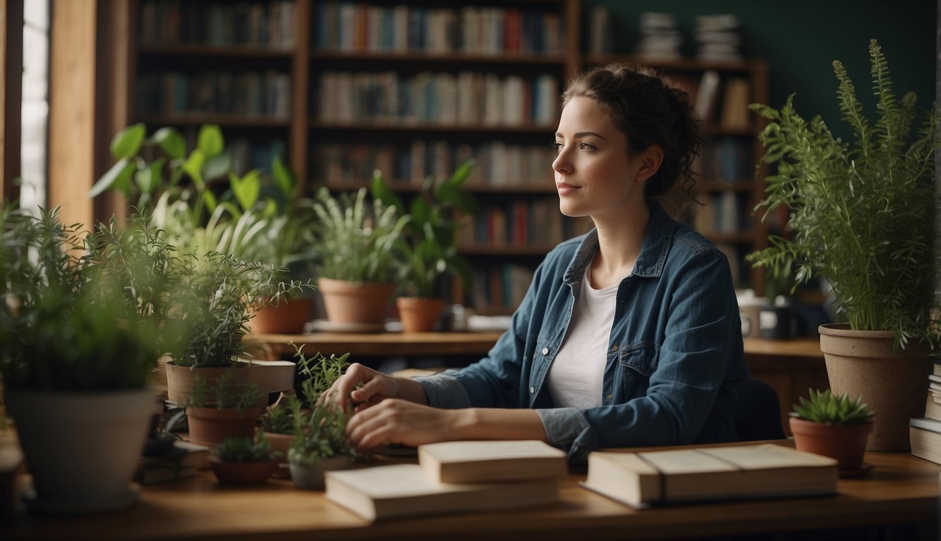 A student sits at a desk surrounded by herbal books and plants, receiving support from an instructor