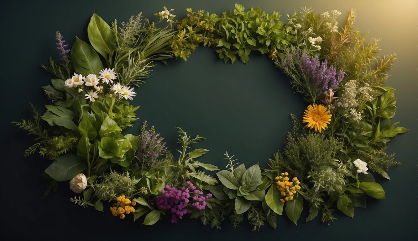 A diverse array of herbal plants arranged in a circle, surrounded by symbols representing different cultural perspectives