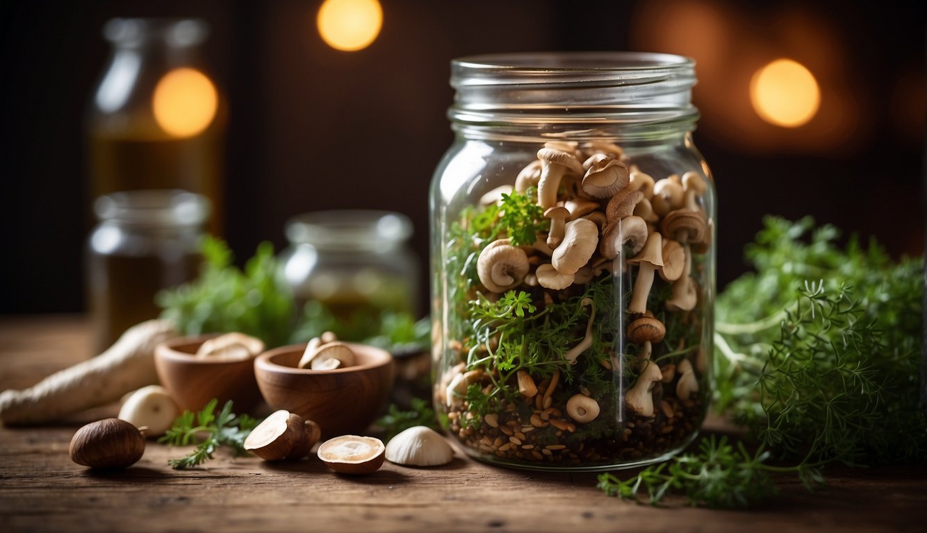A glass jar filled with turkey tail mushrooms steeping in alcohol, surrounded by various herbs and ingredients on a wooden table