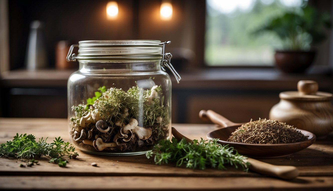 A glass jar filled with turkey tail mushrooms steeping in alcohol on a wooden countertop, surrounded by dried herbs and a mortar and pestle