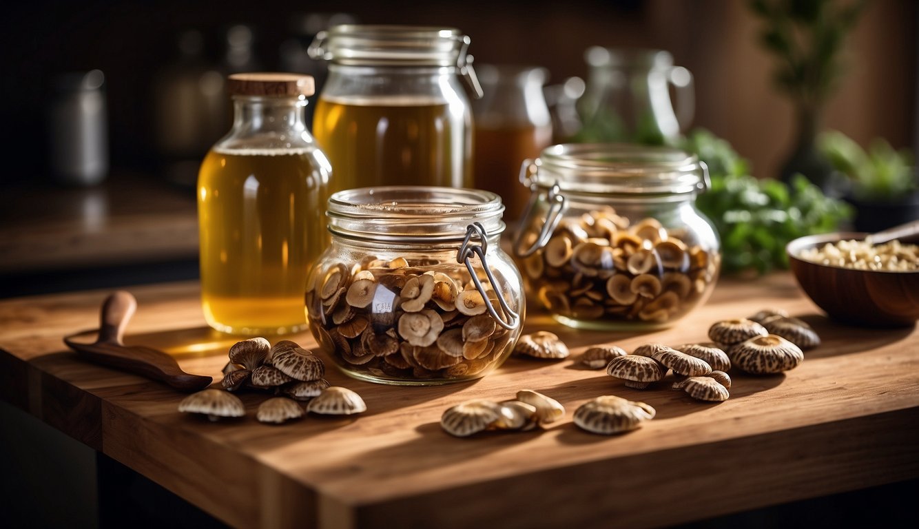 A glass jar filled with turkey tail mushrooms soaking in alcohol, surrounded by measuring spoons, a cutting board, and a knife on a wooden countertop