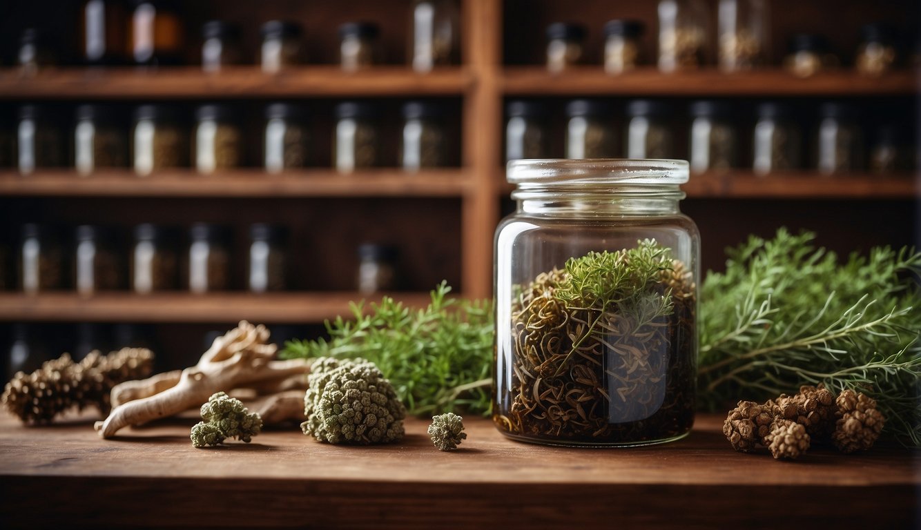 A glass jar filled with turkey tail tincture sits on a wooden shelf, surrounded by dried herbs and labeled with handwritten instructions
