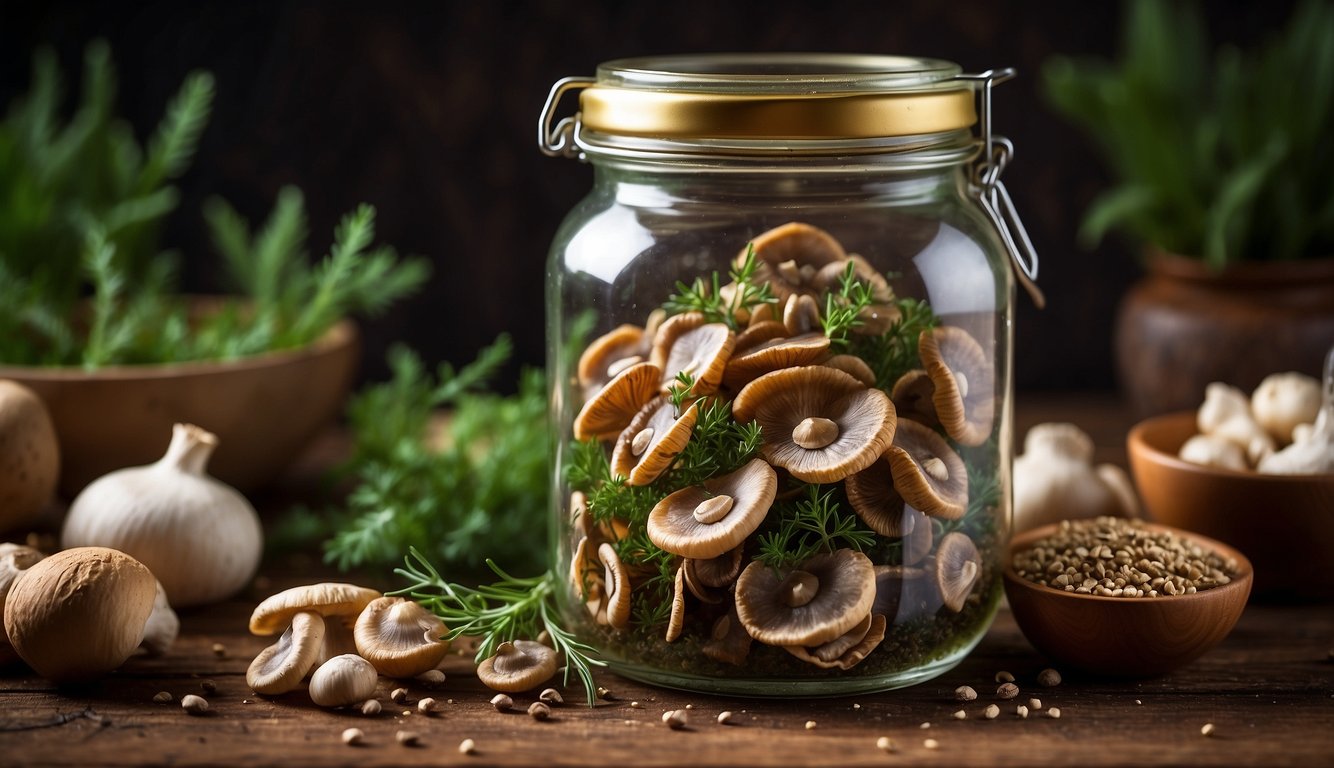 A glass jar filled with turkey tail mushrooms soaking in alcohol, surrounded by various herbs and spices on a wooden table