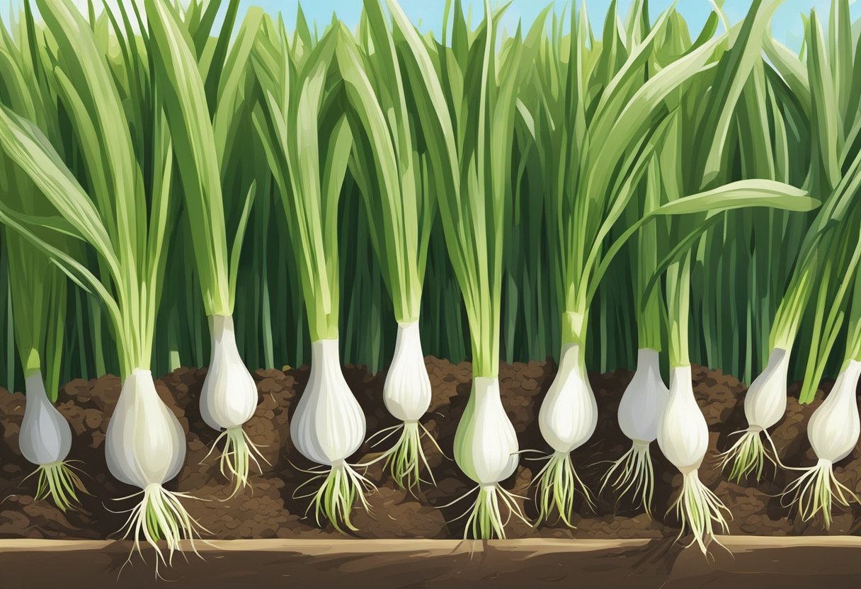 Spring onions ready for harvest, with long green shoots and plump white bulbs in a garden bed bathed in warm sunlight