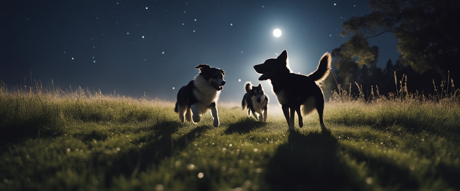 Dogs roam through moonlit fields, chasing shadows and playing under the stars, their dreams filled with adventure and freedom